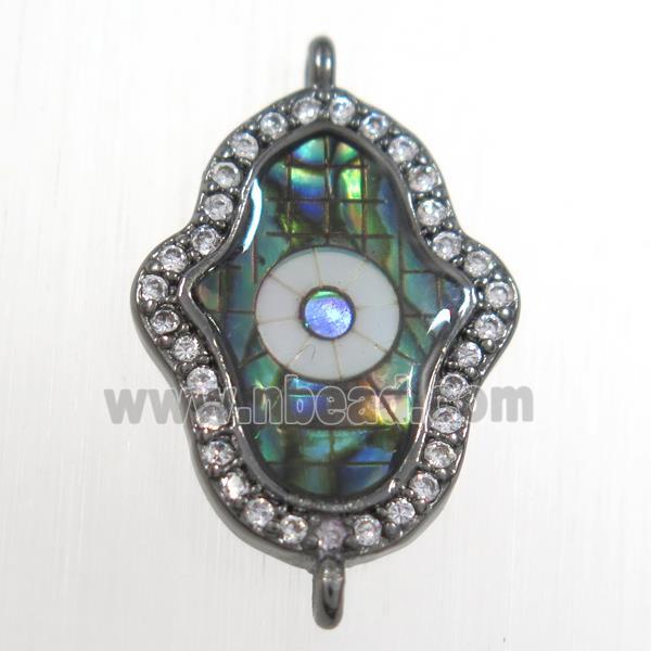 copper hamsahand connector paved zircon with abalone shell, black plated