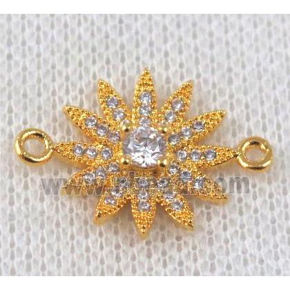 copper sunflower connector paved zircon, gold plated