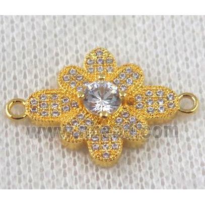 copper flower connector paved zircon, gold plated