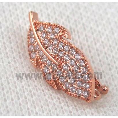 copper pendant paved zircon, leaf, rose gold