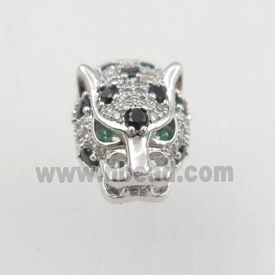 copper leopardhead beads paved zircon, platinum plated