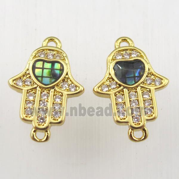 copper hamsahand connector paved zircon with abalone shell, gold plated