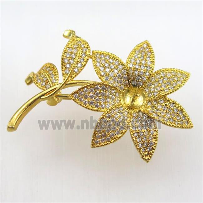 copper flower brooch paved zircon, gold plated