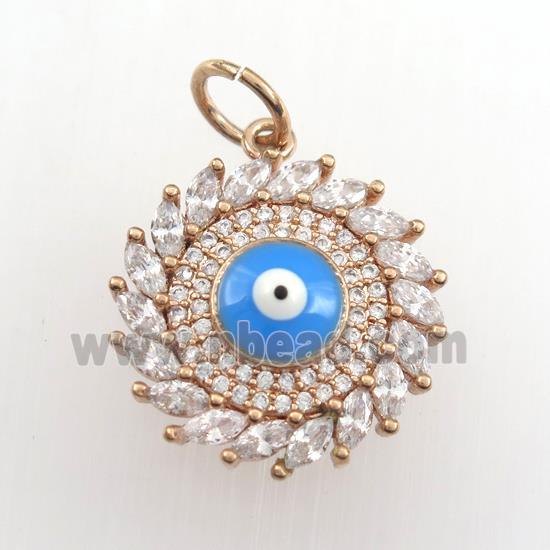 copper sun pendant paved zircon with evil eye, rose gold