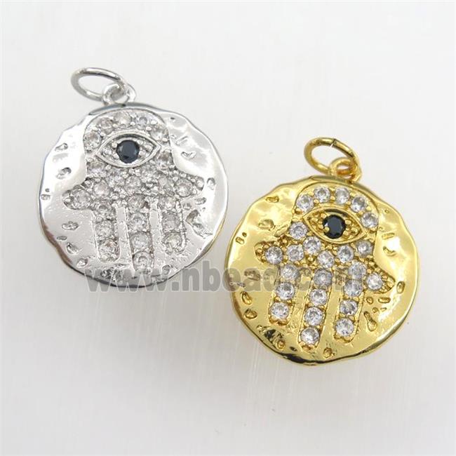copper circle pendant paved zircon with hamsahand, hammered, mix color