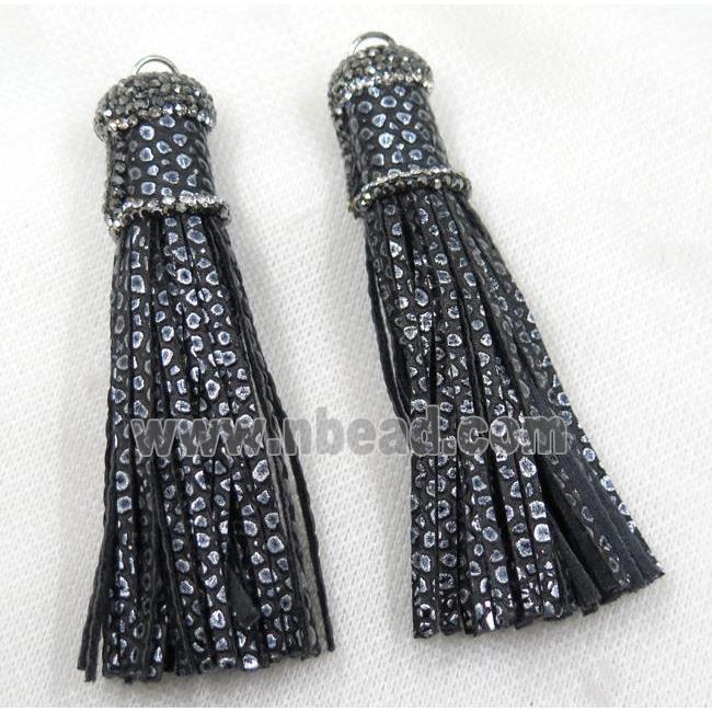 black PU leather tassel pave rhinestone