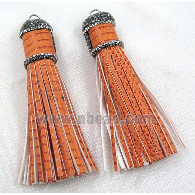 orange PU leather tassel pave rhinestone