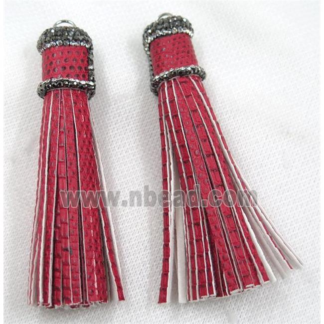 red PU leather tassel pave rhinestone