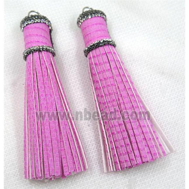 hotpink PU leather tassel pave rhinestone