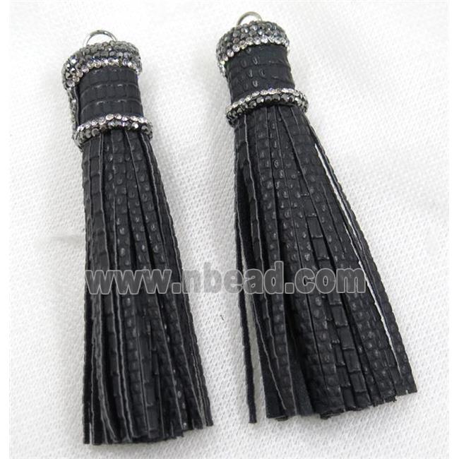 black PU leather tassel pave rhinestone