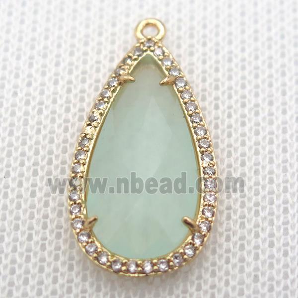 copper teardrop pendant pave zircon with green crystal glass, gold plated