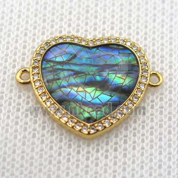 copper heart connector paved zircon with abalone shell, gold plated