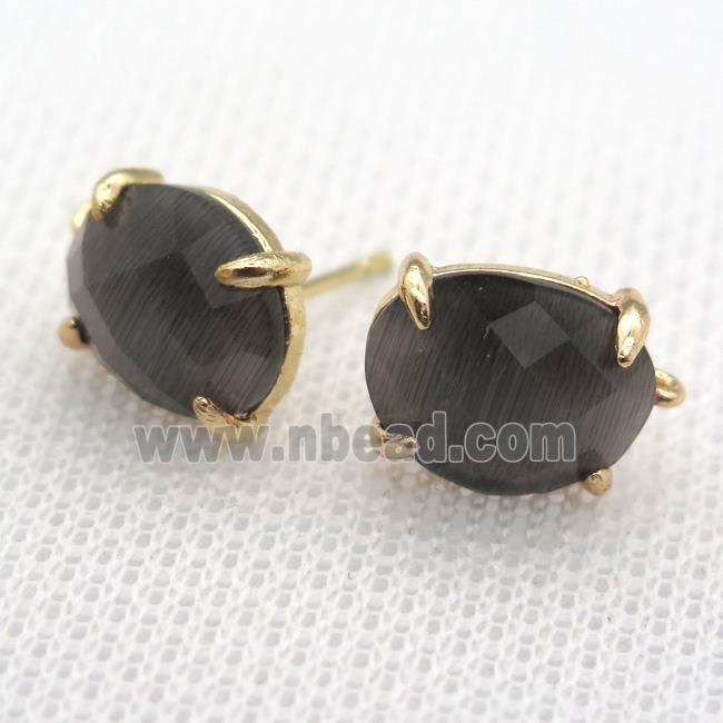 copper stud Earrings with gray crystal glass, gold plated