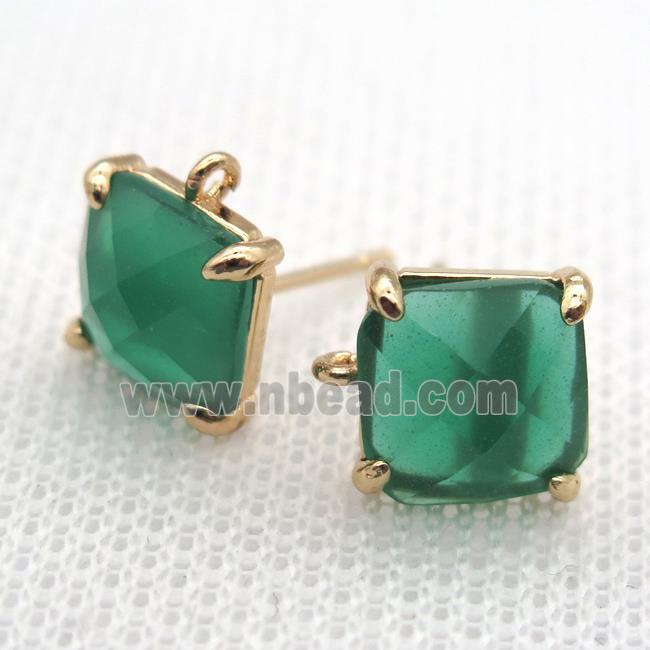 copper square stud Earrings with green crystal glass, gold plated