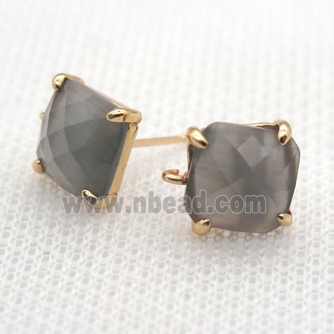 copper square stud Earrings with gray crystal glass, gold plated