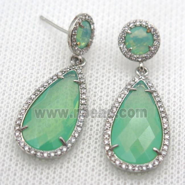 copper teardrop stud Earrings pave zircon with green crystal glass, platinum plated