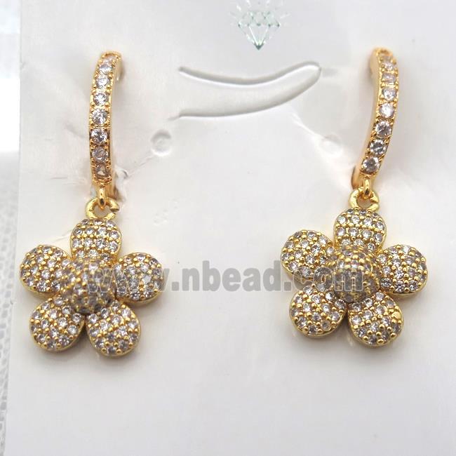 copper flower Hoop Earrings pave zircon, gold plated