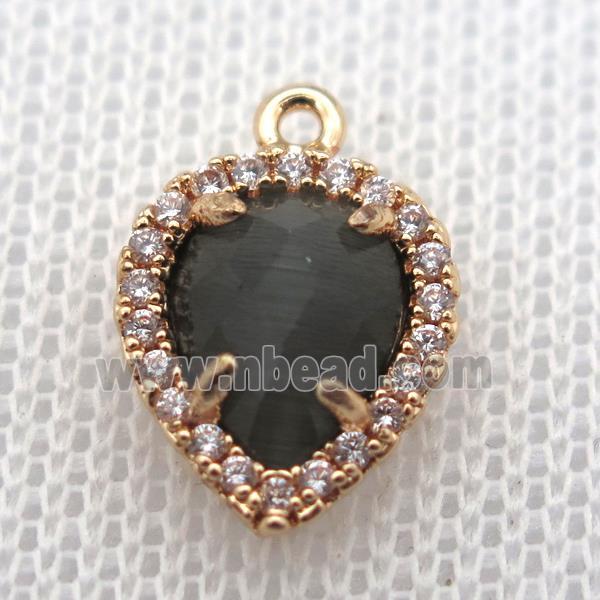 copper teardrop pendant pave zircon with gray crystal glass, gold plated