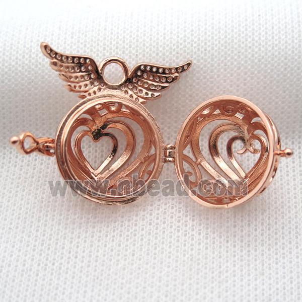 copper locket pendant pave zircon with angel wing, rose gold