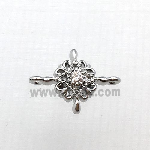 copper flower connector pave zircon, platinum plated