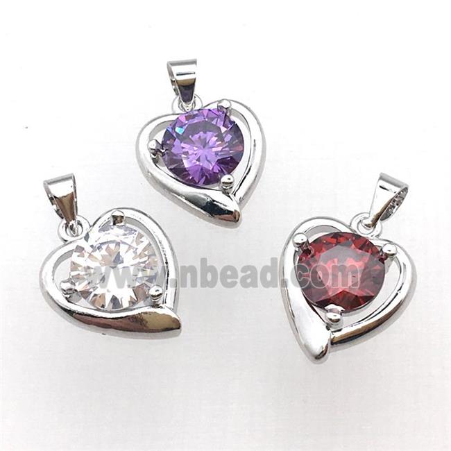 copper heart pendant pave zircon, platinum plated, mixed color