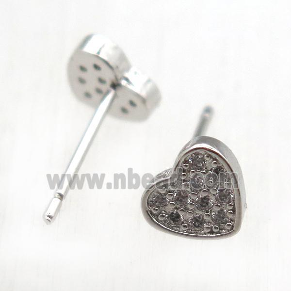 copper stud Earrings pave zircon, heart, platinum plated