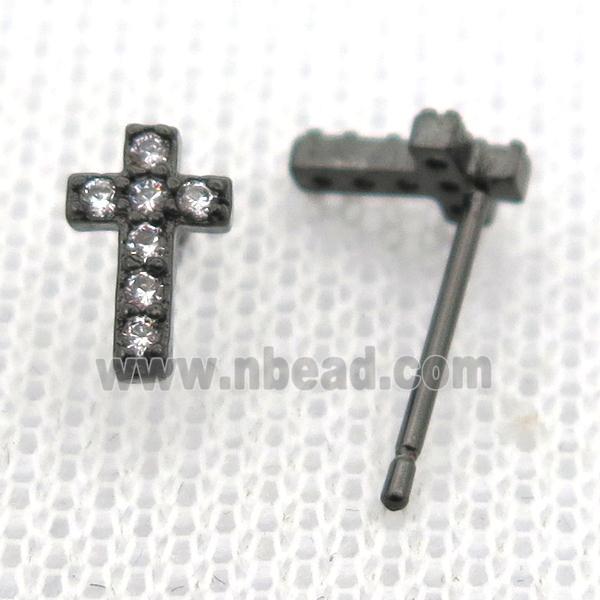 copper stud Earrings pave zircon, cross, black plated