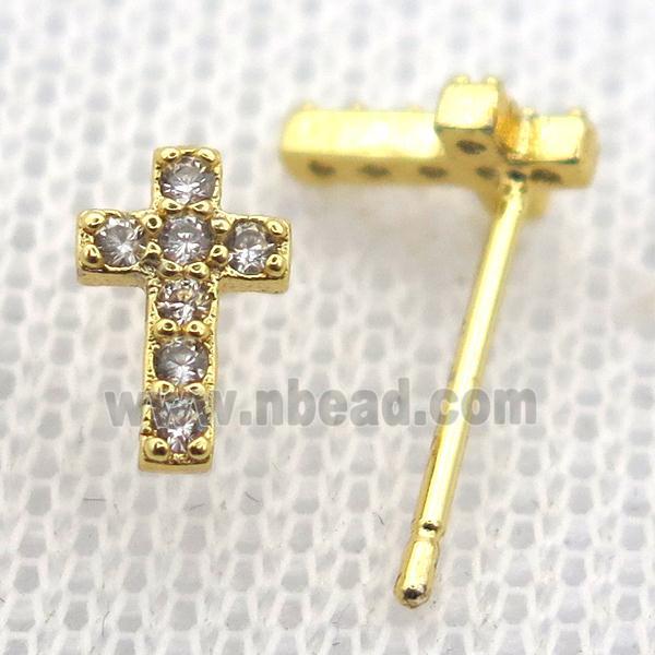 copper stud Earrings pave zircon, cross, gold plated