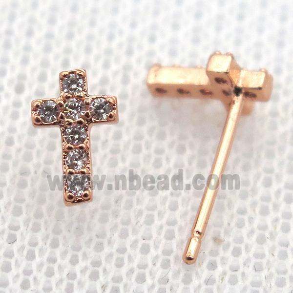 copper stud Earrings pave zircon, cross, rose gold