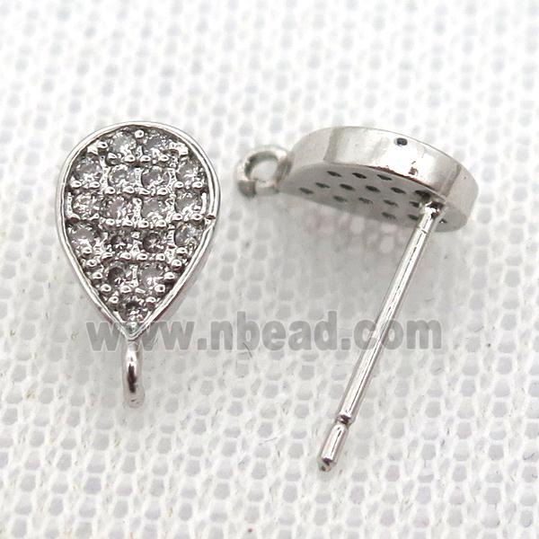 copper stud Earrings pave zircon, teardrop, platinum plated