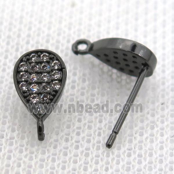 copper stud Earrings pave zircon, teardrop, black plated