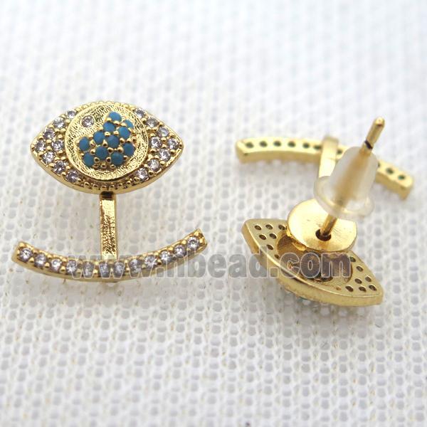 copper earring studs pave zircon, eye, gold plated