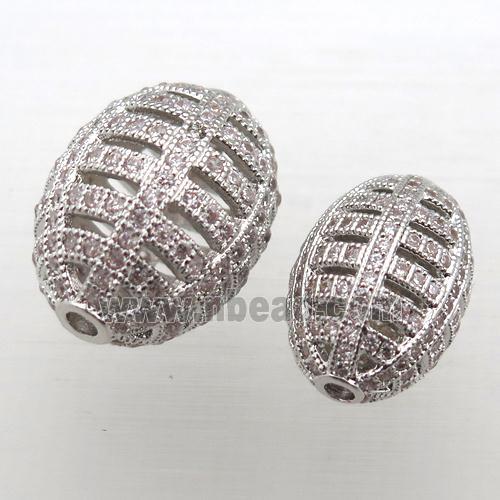 copper barrel beads pave zircon, hollow, platinum plated