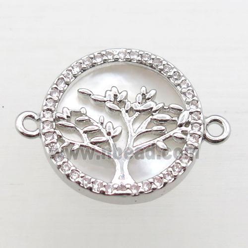 copper circle pave zircon, tree of life, platinum plated