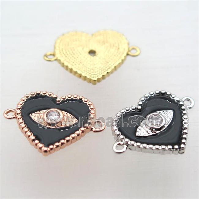 copper heart connector pave zircon with black Enameling, mixed color