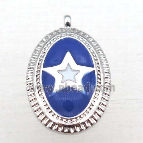 copper oval pendant with star enameling, platinum plated