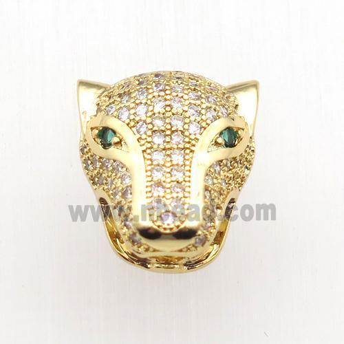 copper leopardhead beads paved zircon, gold plated