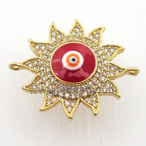 copper sun connector pave zircon with evil eye, gold plated