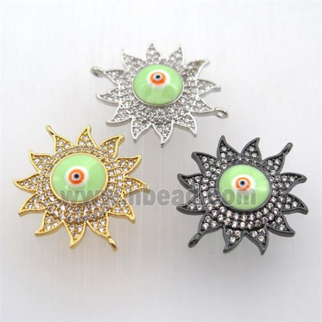 copper sun connector pave zircon with evil eye, mix color