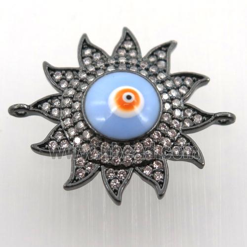 copper sun connector pave zircon with evil eye, black plated