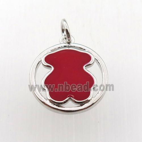 copper circle pendant red blue enameling bear, platinum plated