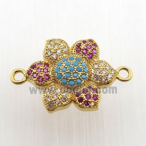 copper flower connector paved zircon, gold plated