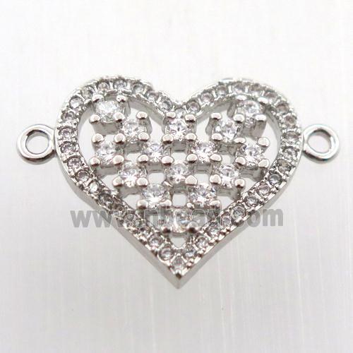 copper heart connector paved zircon, platinum plated