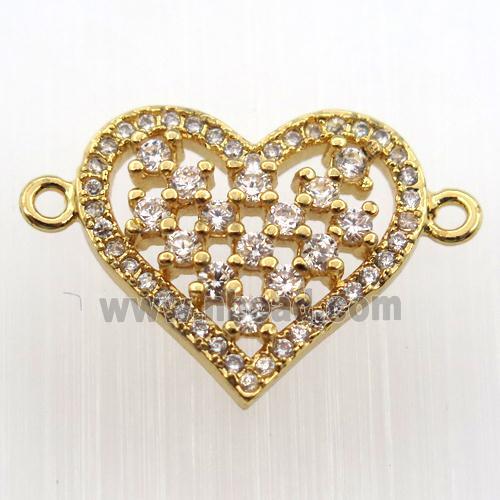 copper heart connector paved zircon, gold plated