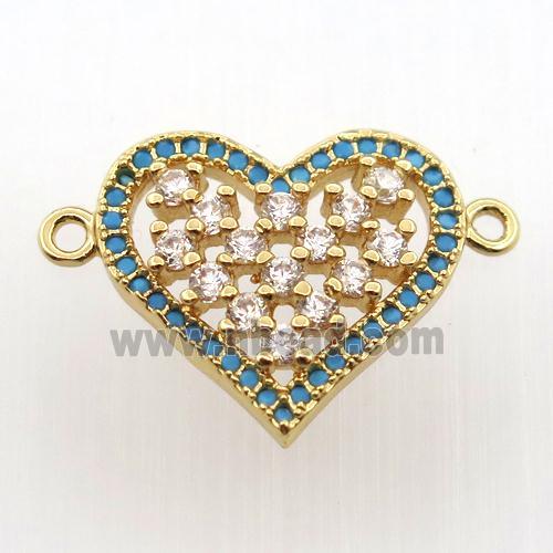 copper heart connector paved zircon, gold plated