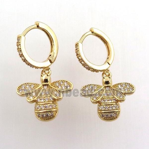 copper hoop earring pave zircon with honeybee, gold plated