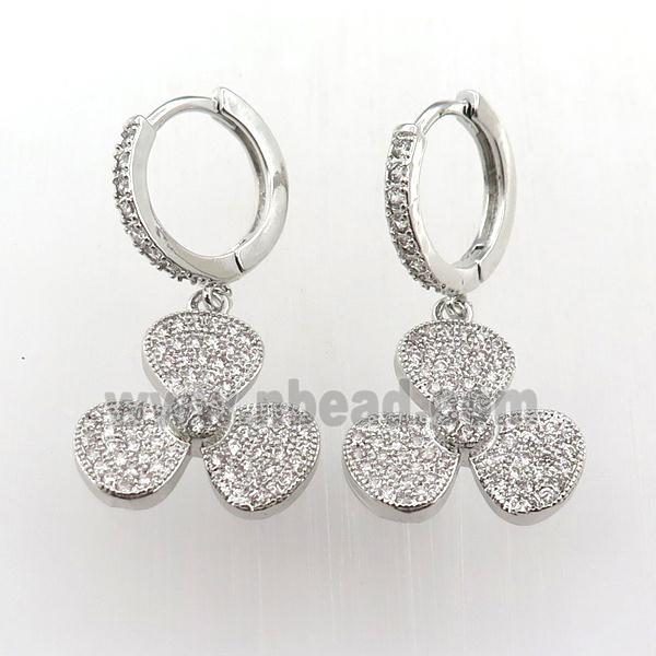 copper hoop earring pave zircon with clover, platinum plated