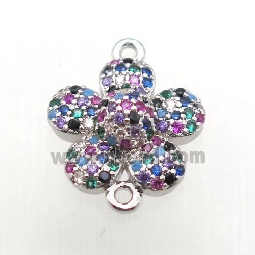 copper flower connector pave zircon, platinum plated