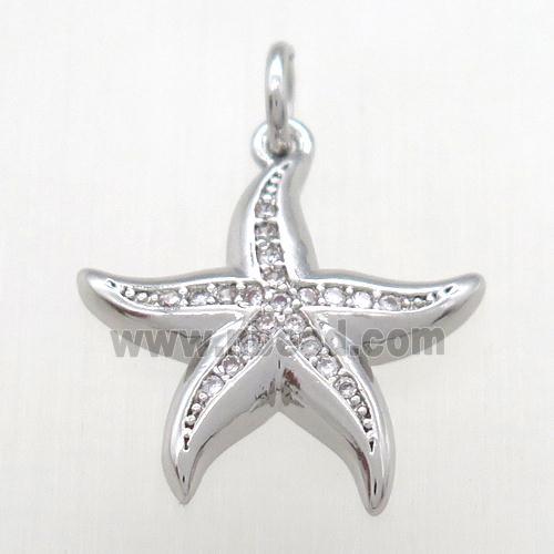 copper starfish pendant paved zircon, platinum plated