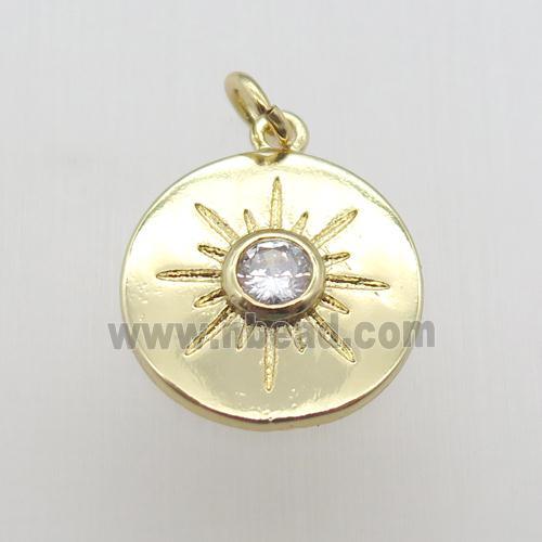 copper circle pendant paved zircon, eye, gold plated